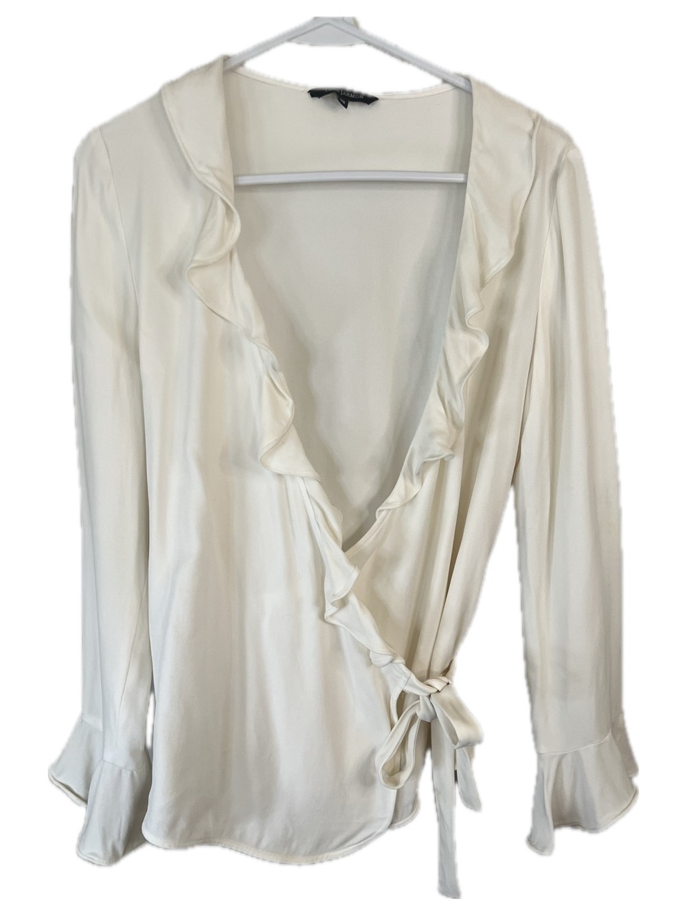 Tara Jarmon Jersey Knit Ivory V Neck Ruffle Wrap Tie Blouse